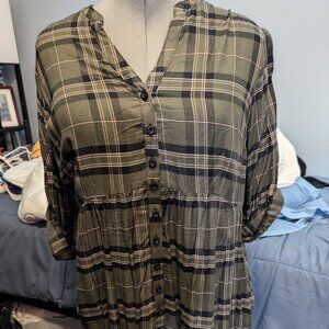 Torrid Long Button-up High - Low top - Olive Green Plaid